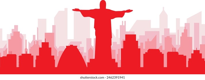 Red panoramic city skyline poster with reddish misty transparent background buildings of RIO DE JANEIRO, BRAZIL