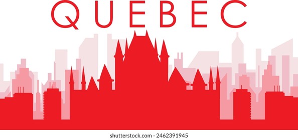 Red panoramic city skyline poster with reddish misty transparent background buildings of QUEBEC, CANADA