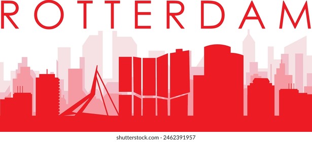 Red panoramic city skyline poster with reddish misty transparent background buildings of ROTTERDAM, NETHERLANDS