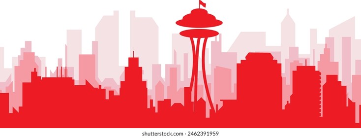 Red panoramic city skyline poster with reddish misty transparent background buildings of SEATTLE, UNITED STATES