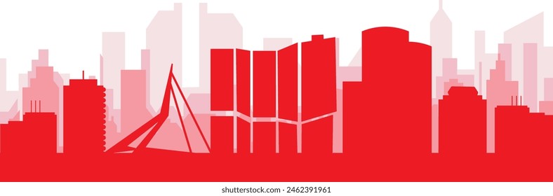 Red panoramic city skyline poster with reddish misty transparent background buildings of ROTTERDAM, NETHERLANDS