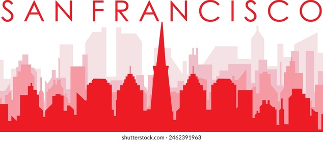 Red panoramic city skyline poster with reddish misty transparent background buildings of SAN FRANCISCO, UNITED STATES