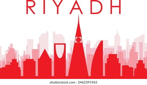 Red panoramic city skyline poster with reddish misty transparent background buildings of RIYADH, SAUDI ARABIA