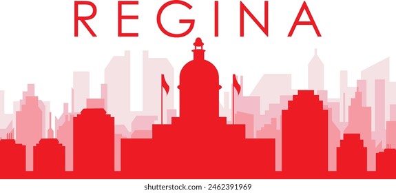 Red panoramic city skyline poster with reddish misty transparent background buildings of REGINA, CANADA