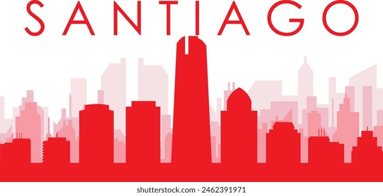 Red panoramic city skyline poster with reddish misty transparent background buildings of SANTIAGO, CHILE