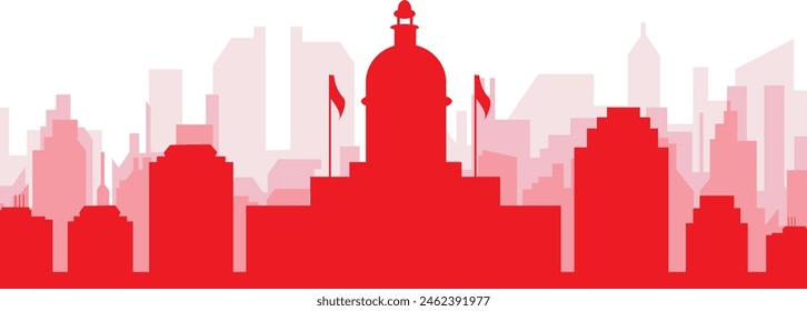 Red panoramic city skyline poster with reddish misty transparent background buildings of REGINA, CANADA