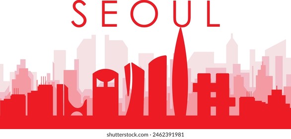 Red panoramic city skyline poster with reddish misty transparent background buildings of SEOUL, SOUTH KOREA