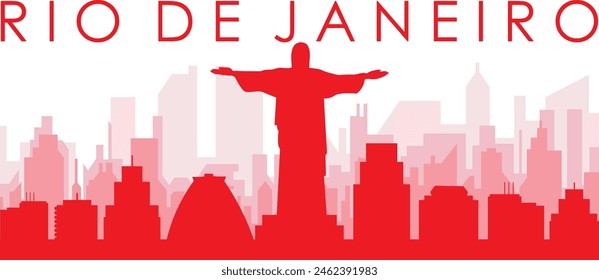 Red panoramic city skyline poster with reddish misty transparent background buildings of RIO DE JANEIRO, BRAZIL