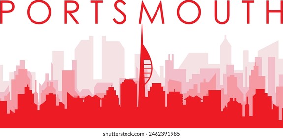 Red panoramic city skyline poster with reddish misty transparent background buildings of PORTSMOUTH, UNITED KINGDOM