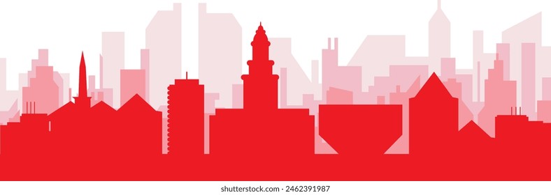 Red panoramic city skyline poster with reddish misty transparent background buildings of PORTO, PORTUGAL