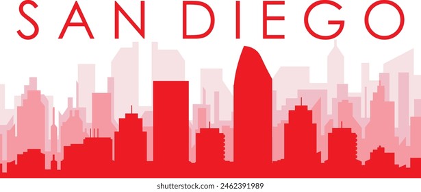 Red panoramic city skyline poster with reddish misty transparent background buildings of SAN DIEGO, UNITED STATES