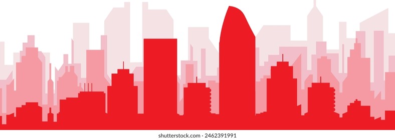 Red panoramic city skyline poster with reddish misty transparent background buildings of SAN DIEGO, UNITED STATES