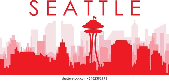 Red panoramic city skyline poster with reddish misty transparent background buildings of SEATTLE, UNITED STATES