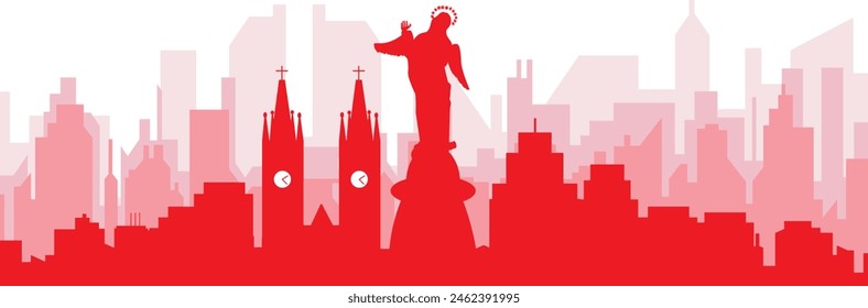 Red panoramic city skyline poster with reddish misty transparent background buildings of QUITO, ECUADOR