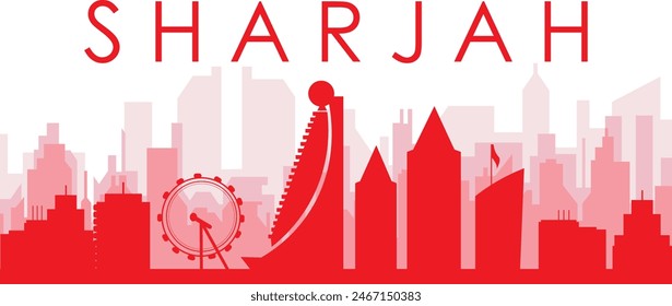 Red panoramic city skyline poster of SHARJAH, UNITED ARAB EMIRATES