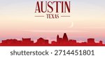 Red panoramic poster of the city skyline with misty background buildings, sunrise, moon and clouds of AUSTIN, TEXAS