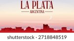 Red panoramic poster of the city skyline with misty background buildings, sunrise, moon and clouds of LA PLATA, ARGENTINA