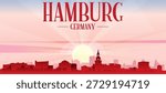 Red panoramic poster of the city skyline with misty background buildings, sunrise, moon and clouds of HAMBURG, GERMANY