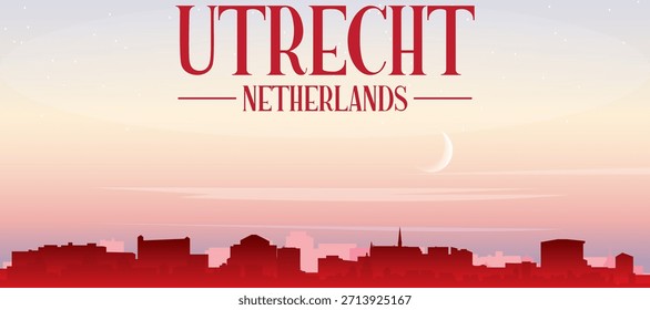 Cartel panorámico rojo del horizonte de la ciudad con edificios de fondo brumoso, salida del sol, luna y nubes de UTRECHT, PAÍSES BAJOS