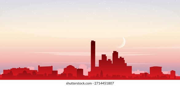 Cartel panorámico rojo del horizonte de la ciudad con edificios de fondo brumoso, salida del sol, luna y nubes de MIAMI, FLORIDA