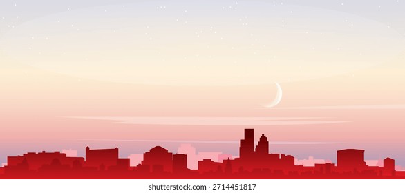 Cartel panorámico rojo del horizonte de la ciudad con edificios de fondo brumoso, salida del sol, luna y nubes de BOSTON, MASSACHUSETTS