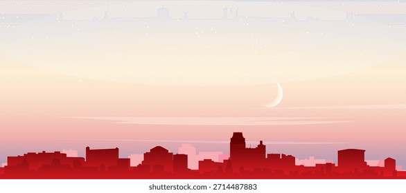 Red panoramic poster of the city skyline with misty background buildings, sunrise, moon and clouds of PROVIDENCE, UNITED STATES