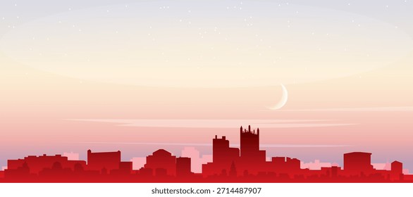 Cartel panorámico rojo del horizonte de la ciudad con edificios de fondo brumoso, salida del sol, luna y nubes de PITTSBURGH, ESTADOS UNIDOS