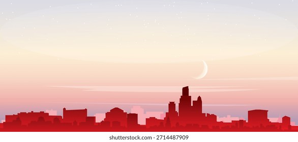 Cartel panorámico rojo del horizonte de la ciudad con edificios de fondo brumoso, salida del sol, luna y nubes de CHICAGO, ESTADOS UNIDOS