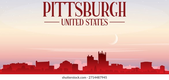 Red panoramic poster of the city skyline with misty background buildings, sunrise, moon and clouds of PITTSBURGH, UNITED STATES