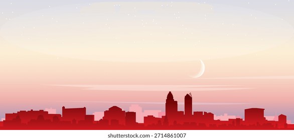 Red panoramic poster of the city skyline with misty background buildings, sunrise, moon and clouds of CHARLOTTE, UNITED STATES