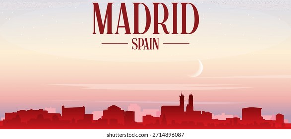 Cartel panorámico rojo del horizonte de la ciudad con edificios de fondo brumoso, amanecer, luna y nubes de MADRID, ESPAÑA