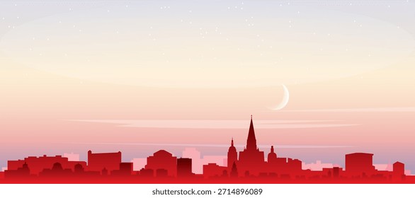 Cartaz panorâmico vermelho do horizonte da cidade com edifícios de fundo nebulosos, nascer do sol, lua e nuvens de ESTOCOLMO, SUÉCIA
