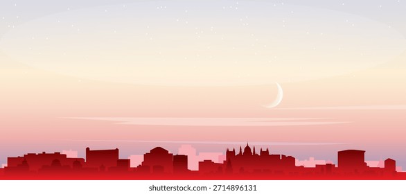 Red panoramic poster of the city skyline with misty background buildings, sunrise, moon and clouds of BUDAPEST, HUNGARY