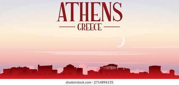 Red panoramic poster of the city skyline with misty background buildings, sunrise, moon and clouds of ATHENS, GREECE