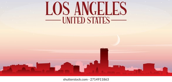 Rotes Panorama-Poster der Skyline der Stadt mit nebeligen Hintergrundgebäuden, Sonnenaufgang, Mond und Wolken von LOS ANGELES, VEREINIGTE STAATEN