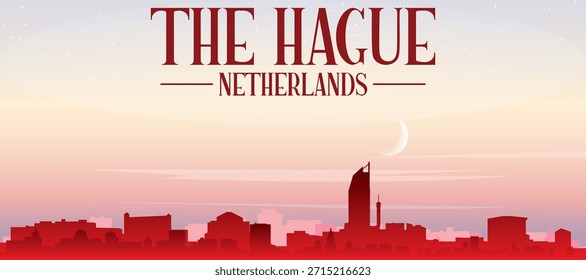 Cartel panorámico rojo del horizonte de la ciudad con edificios de fondo brumoso, salida del sol, luna y nubes de LA HAYA, PAÍSES BAJOS