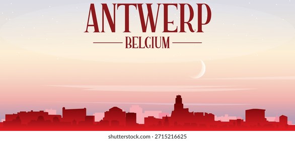 Cartel panorámico rojo del horizonte de la ciudad con edificios de fondo brumoso, salida del sol, luna y nubes de AMBERES, BÉLGICA
