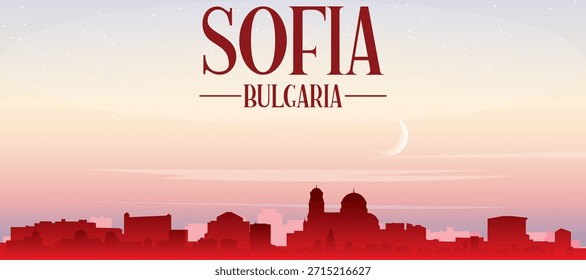 Cartel panorámico rojo del horizonte de la ciudad con edificios de fondo brumoso, salida del sol, luna y nubes de SOFÍA, BULGARIA