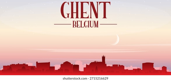 Cartel panorámico rojo del horizonte de la ciudad con edificios de fondo brumoso, salida del sol, luna y nubes de GANTE, BÉLGICA