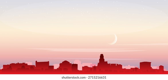 Cartel panorámico rojo del horizonte de la ciudad con edificios de fondo brumoso, salida del sol, luna y nubes de AMBERES, BÉLGICA