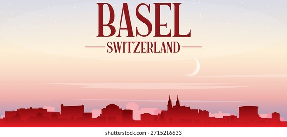 Cartel panorámico rojo del horizonte de la ciudad con edificios de fondo brumoso, salida del sol, luna y nubes de BASILEA, SUIZA