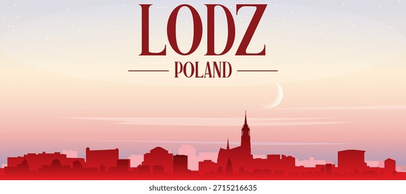 Cartel panorámico rojo del horizonte de la ciudad con edificios de fondo brumoso, salida del sol, luna y nubes de LODZ, POLONIA