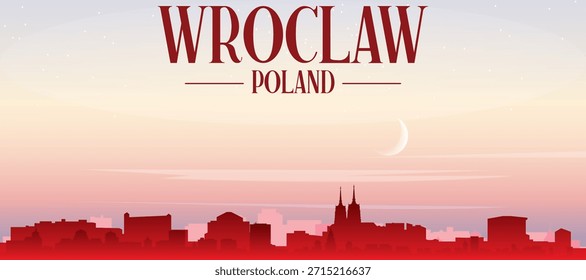 Cartel panorámico rojo del horizonte de la ciudad con edificios de fondo brumoso, salida del sol, luna y nubes de WROCLAW, POLONIA