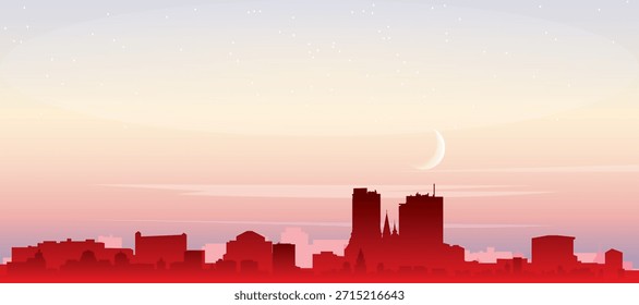 Cartel panorámico rojo del horizonte de la ciudad con edificios de fondo brumoso, salida del sol, luna y nubes de VARSOVIA, POLONIA