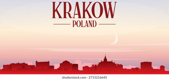 Red panoramic poster of the city skyline with misty background buildings, sunrise, moon and clouds of KRAKOW, POLAND