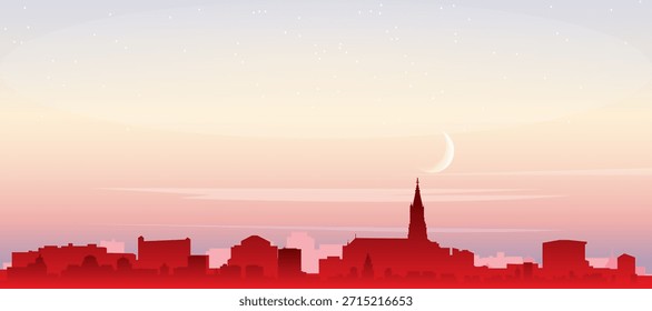 Cartel panorámico rojo del horizonte de la ciudad con edificios de fondo brumoso, salida del sol, luna y nubes de BERNA, SUIZA
