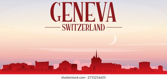 Cartaz panorâmico vermelho do horizonte da cidade com edifícios de fundo nebulosos, nascer do sol, lua e nuvens de GENEBRA, SUÍÇA