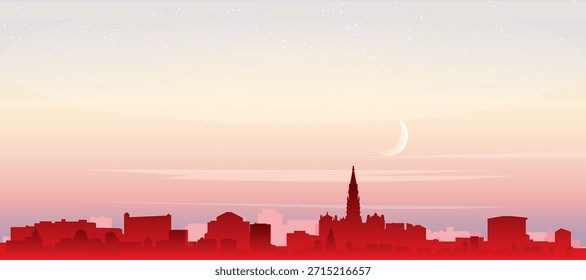 Cartel panorámico rojo del horizonte de la ciudad con edificios de fondo brumoso, salida del sol, luna y nubes de BRUSELAS, BÉLGICA
