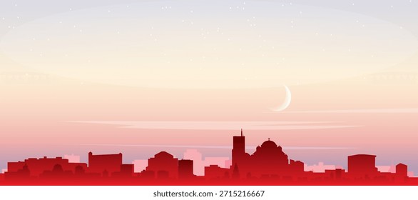 Cartel panorámico rojo del horizonte de la ciudad con edificios de fondo brumoso, salida del sol, luna y nubes de BELGRADO, SERBIA