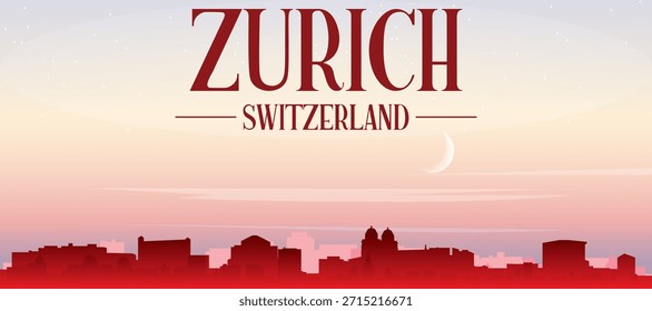 Red panoramic poster of the city skyline with misty background buildings, sunrise, moon and clouds of ZURICH, SWITZERLAND